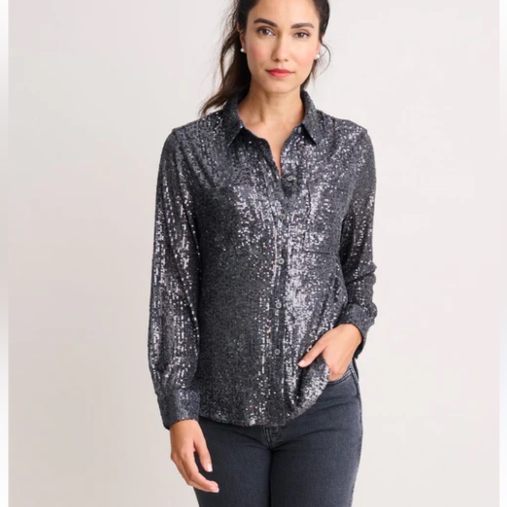 Untuckit Women’s Sequin Charcoal Harlow Long-sleeve Shirt Blouse Top W2049 Sz 10